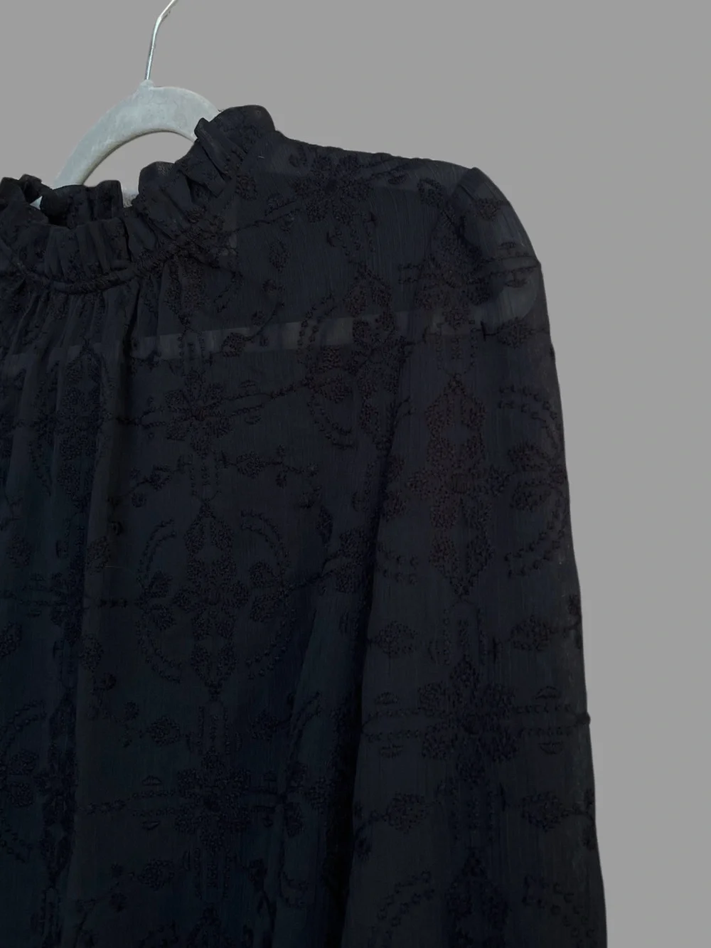SEZANE Black Sheer Floral Embroidered Ruffle High Neck Valentine Blouse Top - Picture 2 of 14